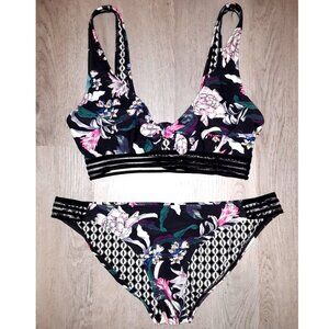 Body Glove Tropical Floral Print Striped Bikini Set Size Large Top and Bottoms